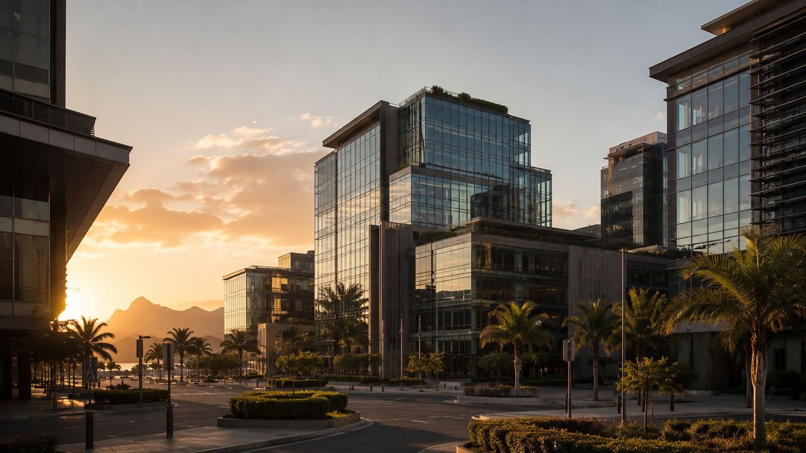 Quartier d'affaires moderne à l'île Maurice au coucher du soleil