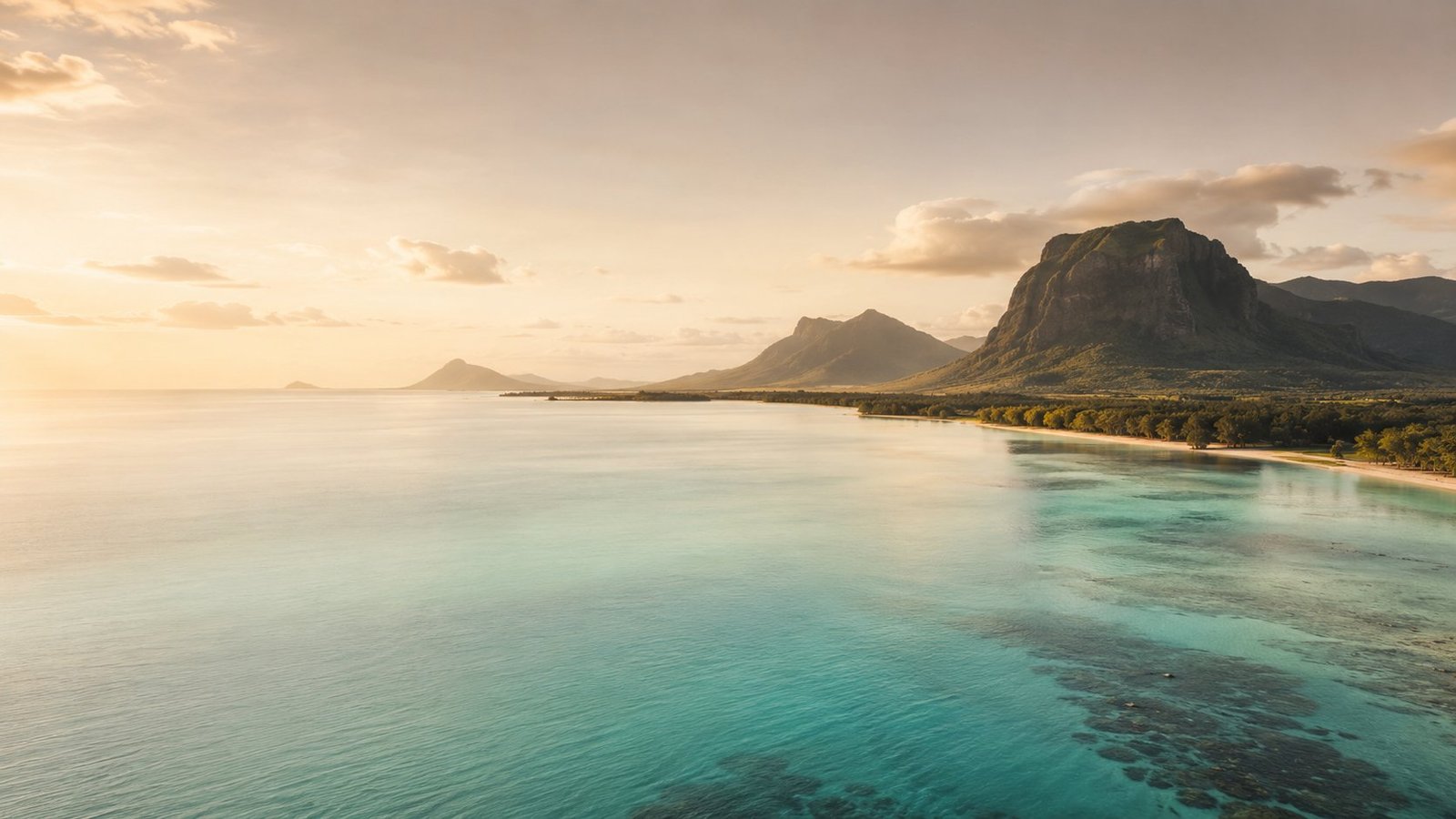 Vue de l'île Maurice au coucher du soleil : lagon turquoise et montagne du Morne