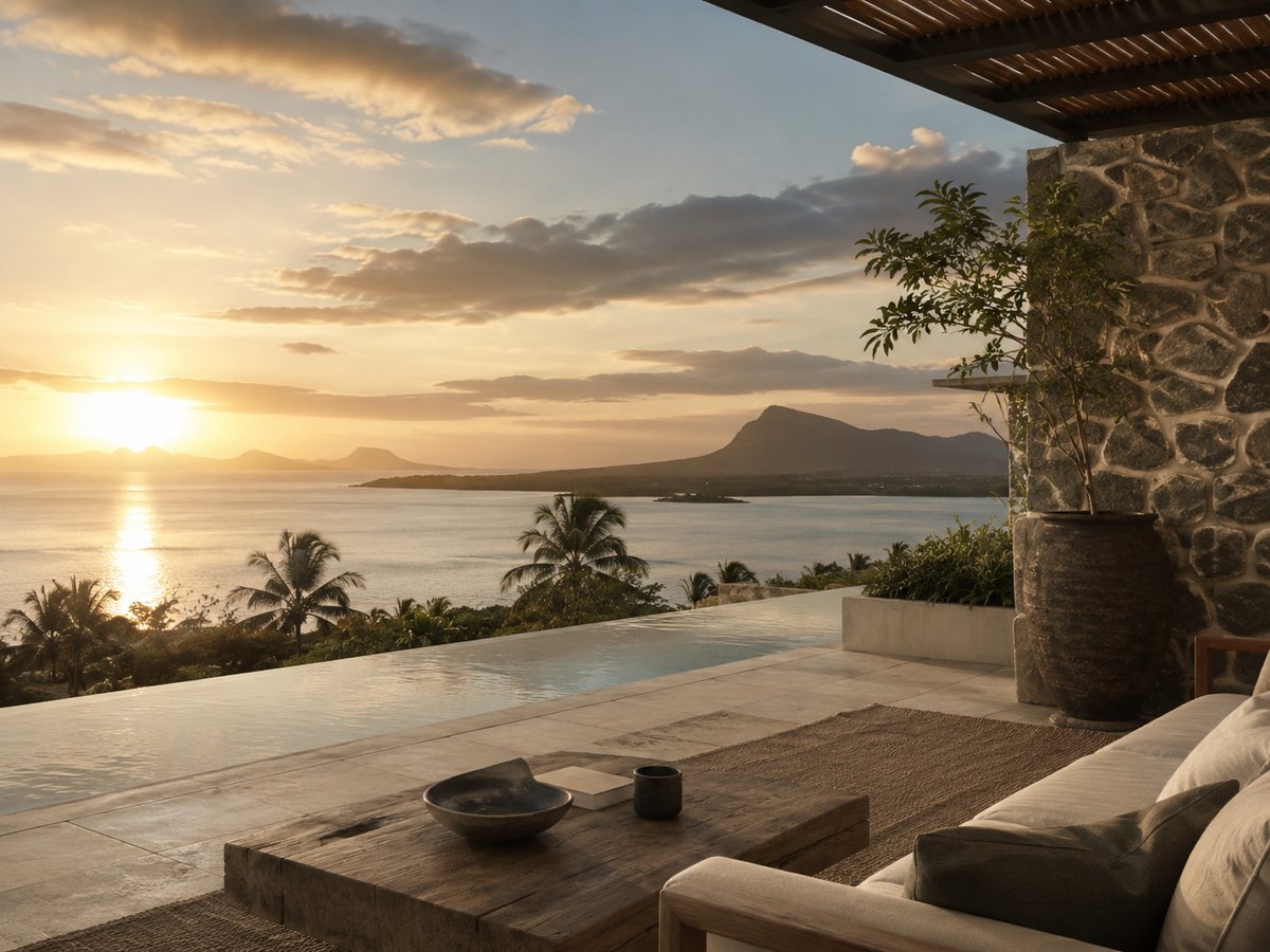 Scène de vie à l'île Maurice : lagon au coucher du soleil