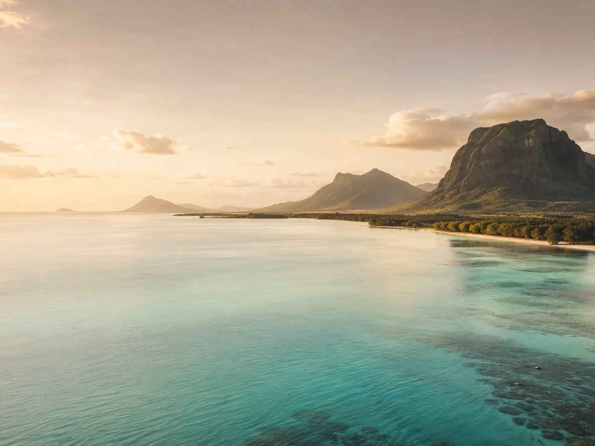 Scène de vie à l'île Maurice : lagon et montagne au coucher du soleil
